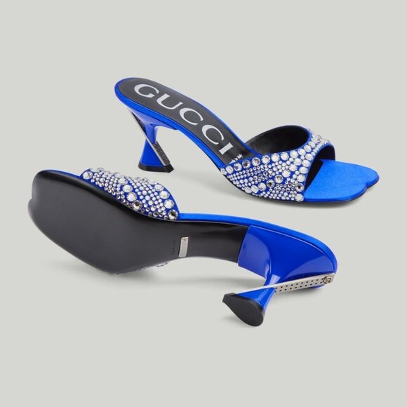 GUCCI Galactica Satin Crystal 65mm Slide Blue Sandals Size 37 NIB - Picture 2 of 9